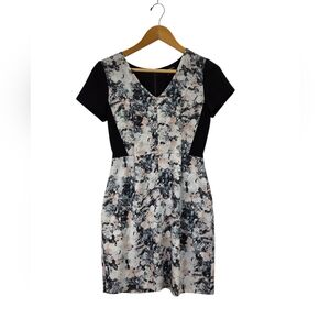 Club Monaco Ponte Fit Mini Dress Black Floral Print Short Sleeve V Neck Size 0